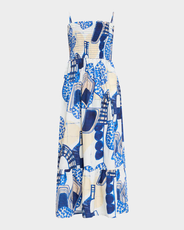 Neeley Smocked Abstract-Print Cotton Midi Dress